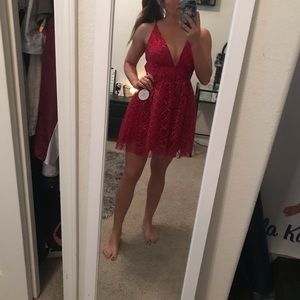 Short, red, sparkly, prom dress.
